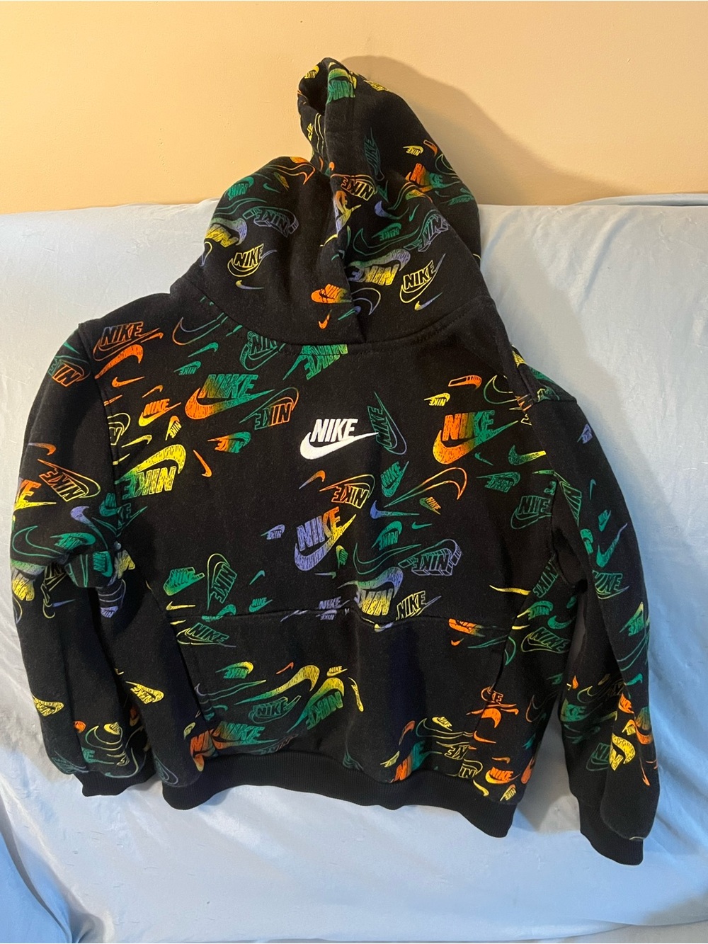 Nike Kids Black Hoodie with Multicolor Swoosh Print